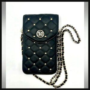 Badgley Mischka Quilted Vegan Leather Crossbody Black Phone Case gold Studs NWT